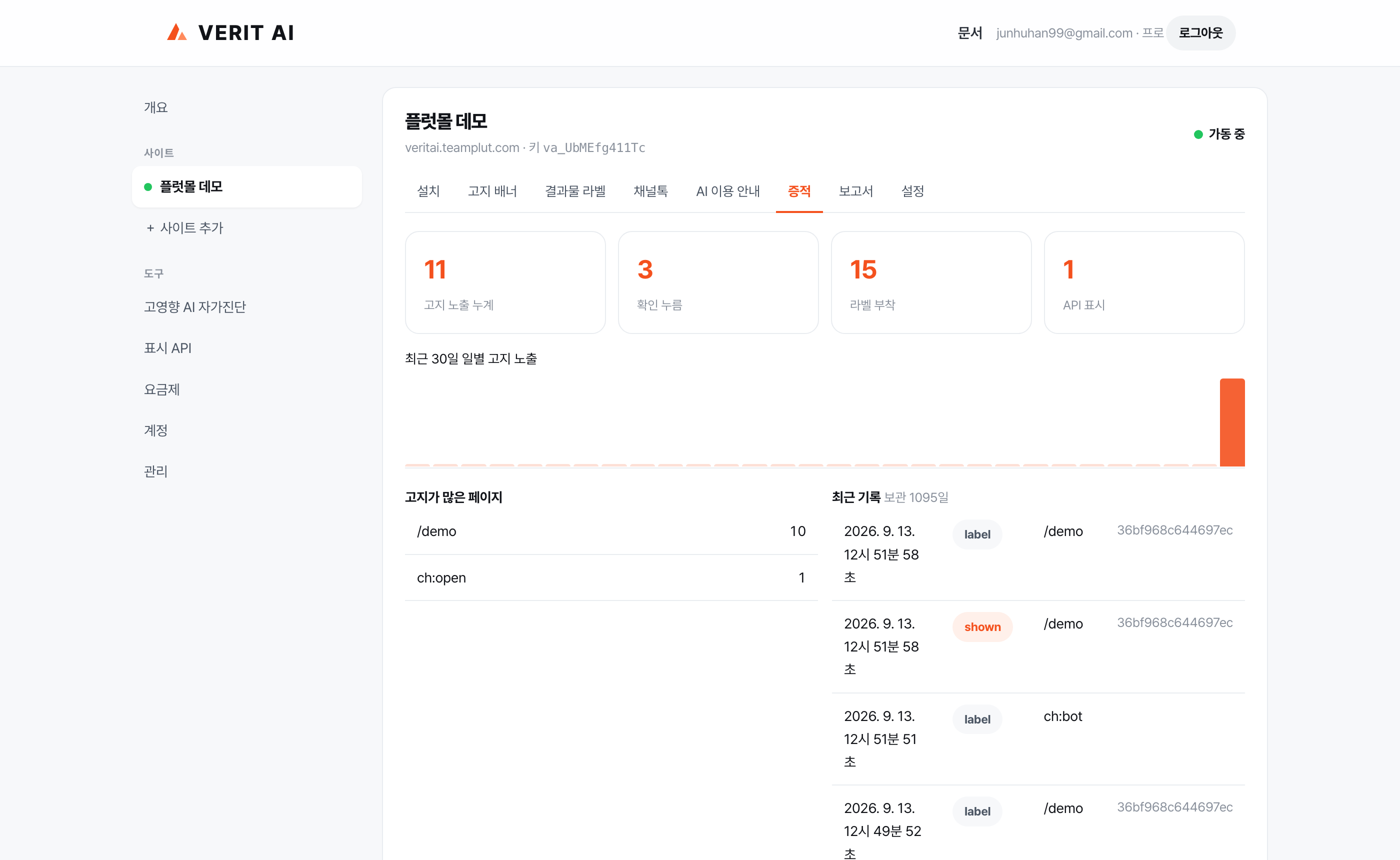 VERIT AI 대시보드 — 사이트별 고지 증적